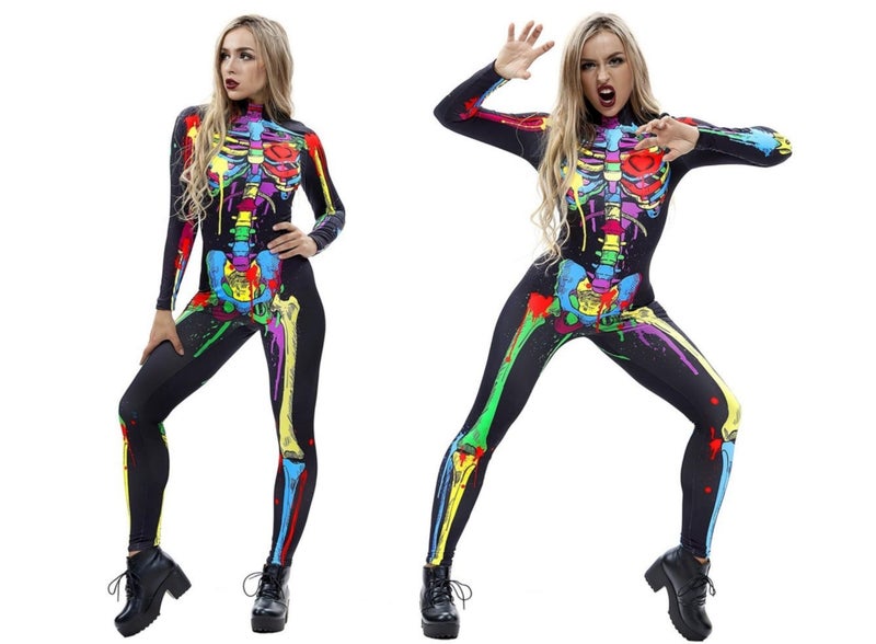 URVIP Women Halloween Skeleton Costume Stretch Skinny Catsuit Jumpsuit Bodysuit Color-BAX-014 XL - Image 3